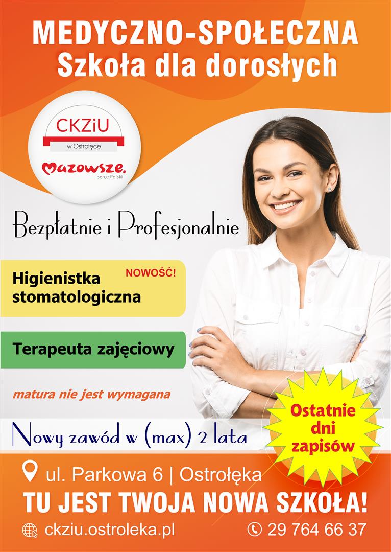 CKZiU plakat promujący nauka na kierunkach: Higienistka stomatologiczna i terapeuta zajęciowy