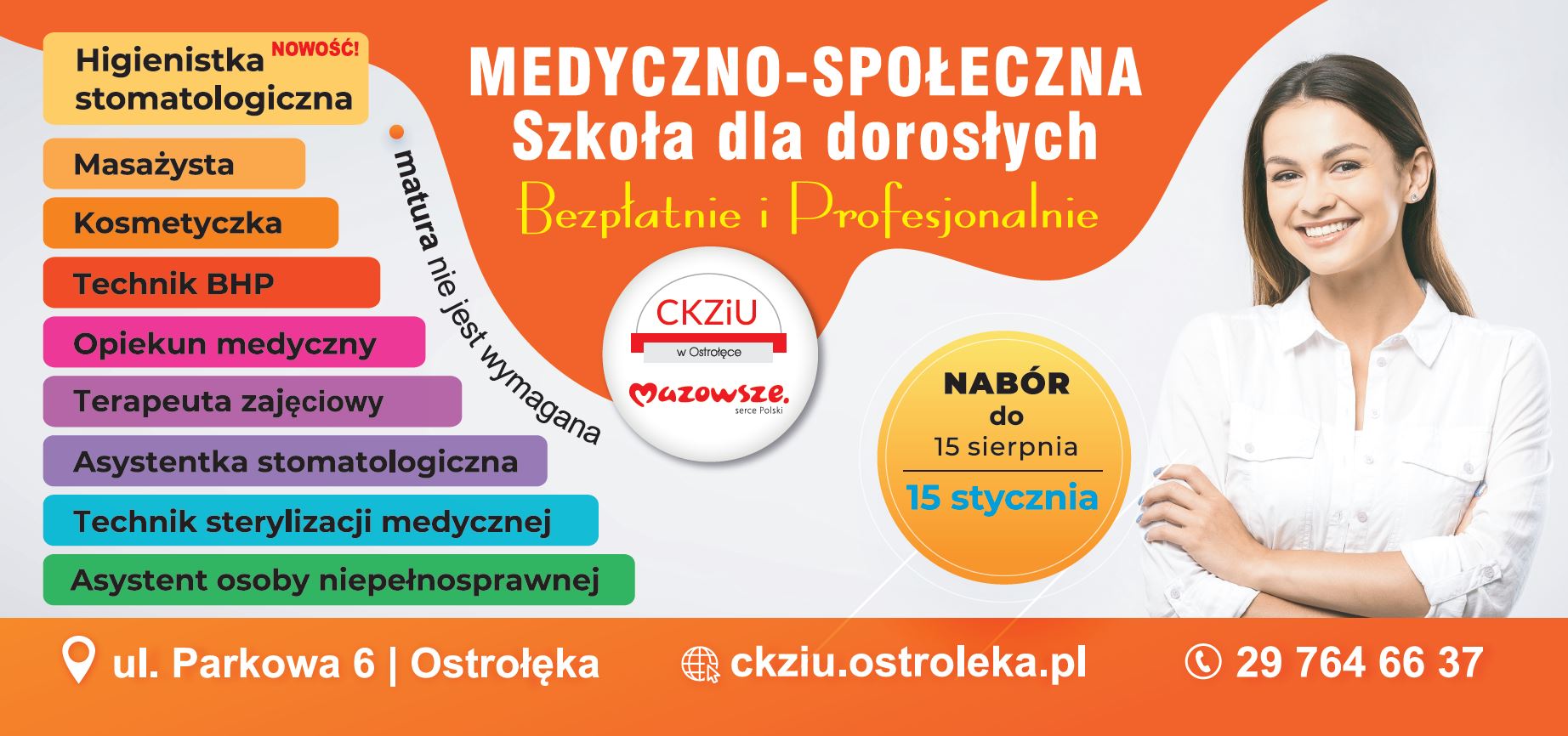 Plakat kierunki kształcenia w szkole policealnej - CKZiU w Ostrołęce