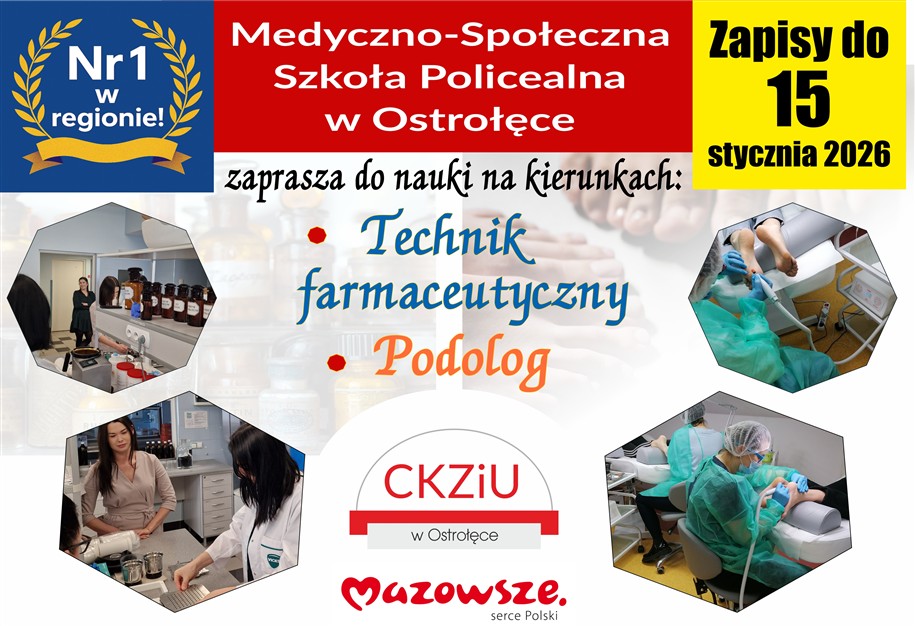Plakat z ofertą kształcenia na kierunkach: technik farmaceutyczny  oraz podolog